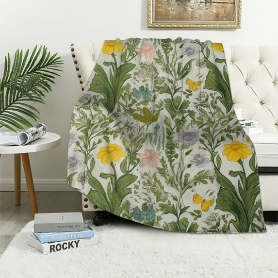 ARISTURING Floral Throw Blanket, Vintage Garden Plants Herbs Flowers Botanical Classic Design Art, Flannel Accent Piece Soft Couch Cover for Adults, Reseda Green Beige