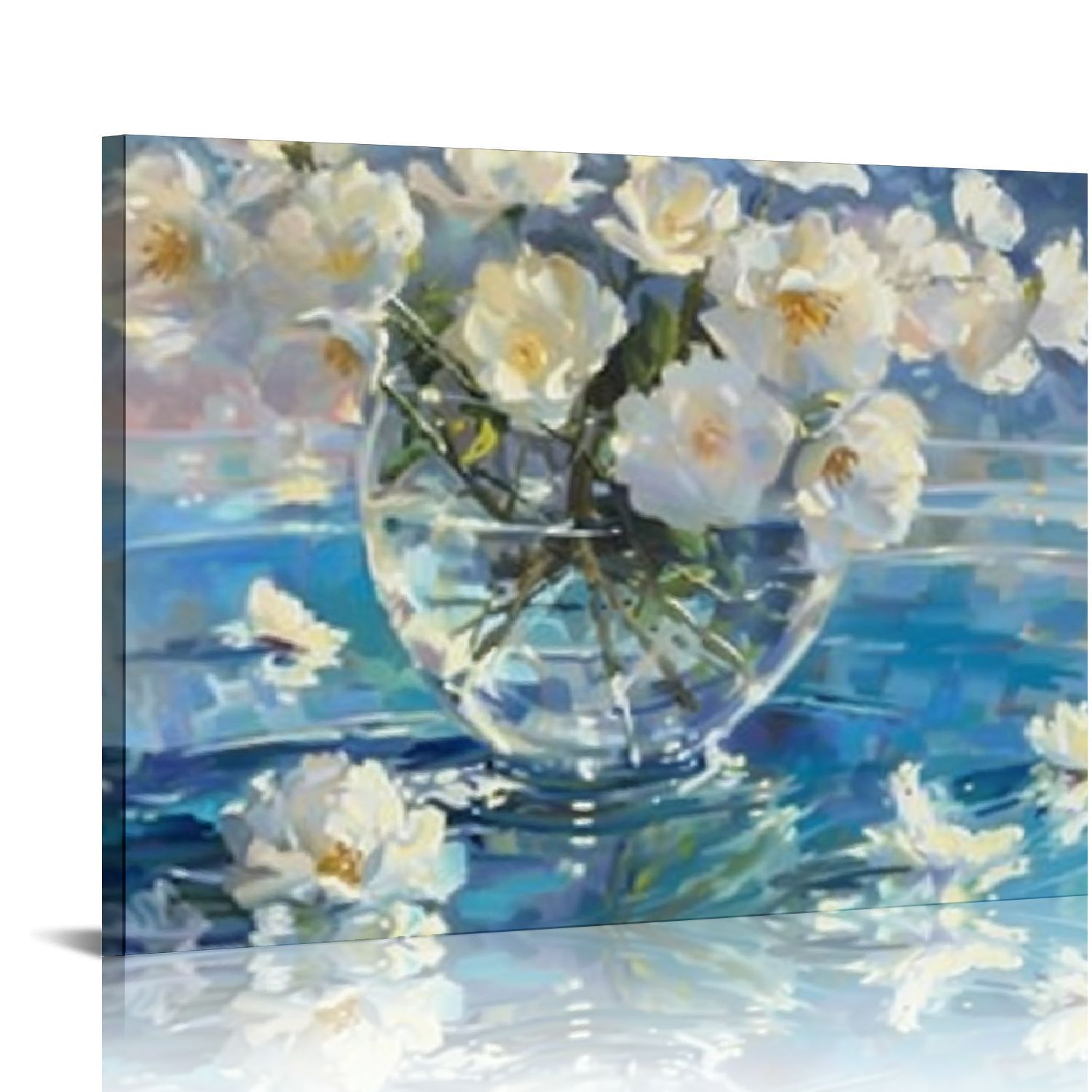 ARISTURING Flower Canvas Wall Art Blue White Floral Water Artwork ...