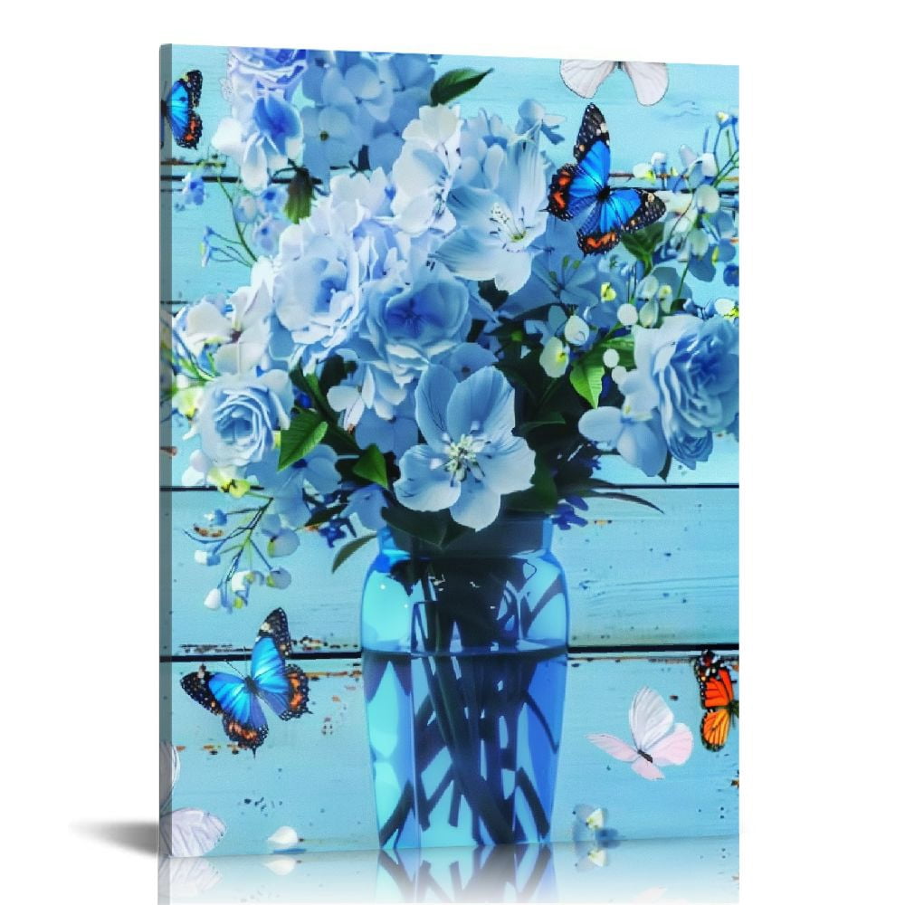 ARISTURING Flower Wall Art White Blue Floral Vase Canvas Wall Art ...