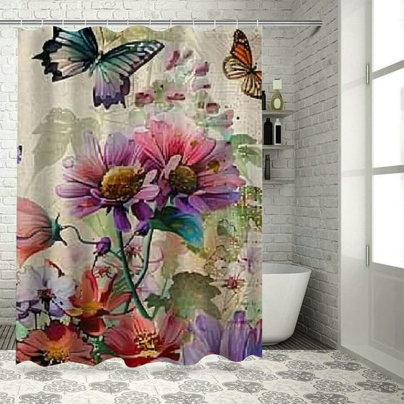 Jiayy Flowers Butterflies Painting Shower Curtain Multi-size 100% Polyester Fiber Shower Curtain Set with Hooks for Bathroom Decoration 36x72