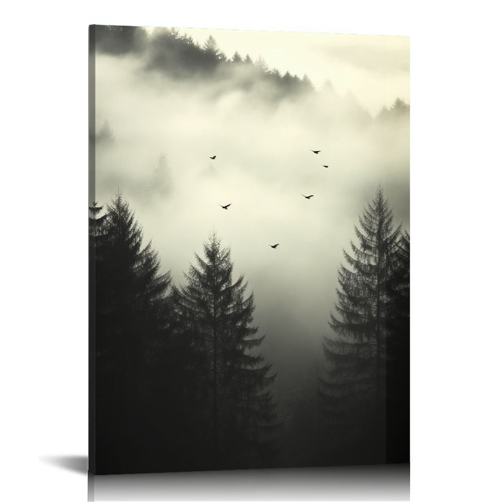 ARISTURING Foggy Forest Canvas Wall Art Black and White Pine Trees ...