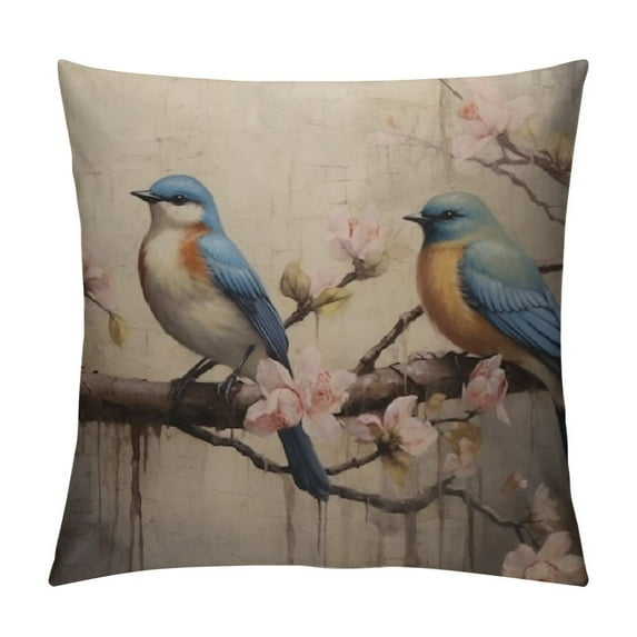 ARISTURING Four Birds Sitting on A Branch Pillow Covers  Oil Painting Birds in Tree Branch Color Ground Decorative Throw Pillow Case Double-Sided Printing Design Accent Pillows for Sofa Home Decor