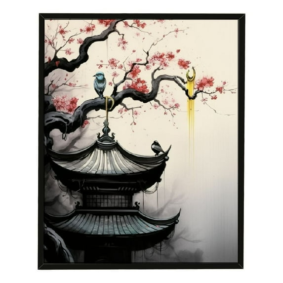 ARISTURING Framed Canvas Print Wall Art Japanese Style Pagoda Roof with White Blossoms Floral Plants Illustrations Modern Art Rustic Scenic Colorful Pastel for Living Room, Bedroom, Office