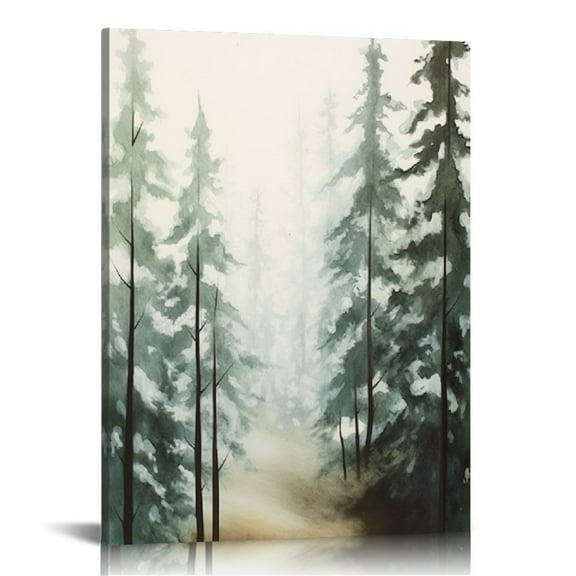 ARISTURING  Framed Canvas Print Wall Art Woodland Nursery Decor Green &amp; Teal Watercolor Forest Pine Trees Floral Nature Illustrations Modern Chic Multicolor for Living Room, Bedroom 16x20 in