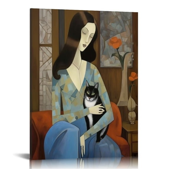 ARISTURING Framed Picasso Wall Art Nordic Abstract Girl and Cat Canvas Wall Art Bohemian Canvas Prints The Dream Girl with Cat Picture Modern Wall Decor for Hotel Rooms Bedroom Poster 16x20 in