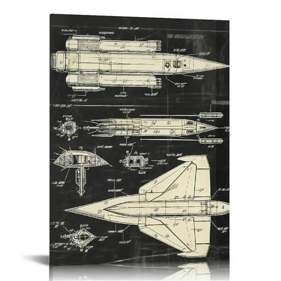 ARISTURING Framed Science Wall Art Space Flight Theme Blueprint Poster Painting Modern Dark Canvas Wall Art Decor for Men Office Science Lovers