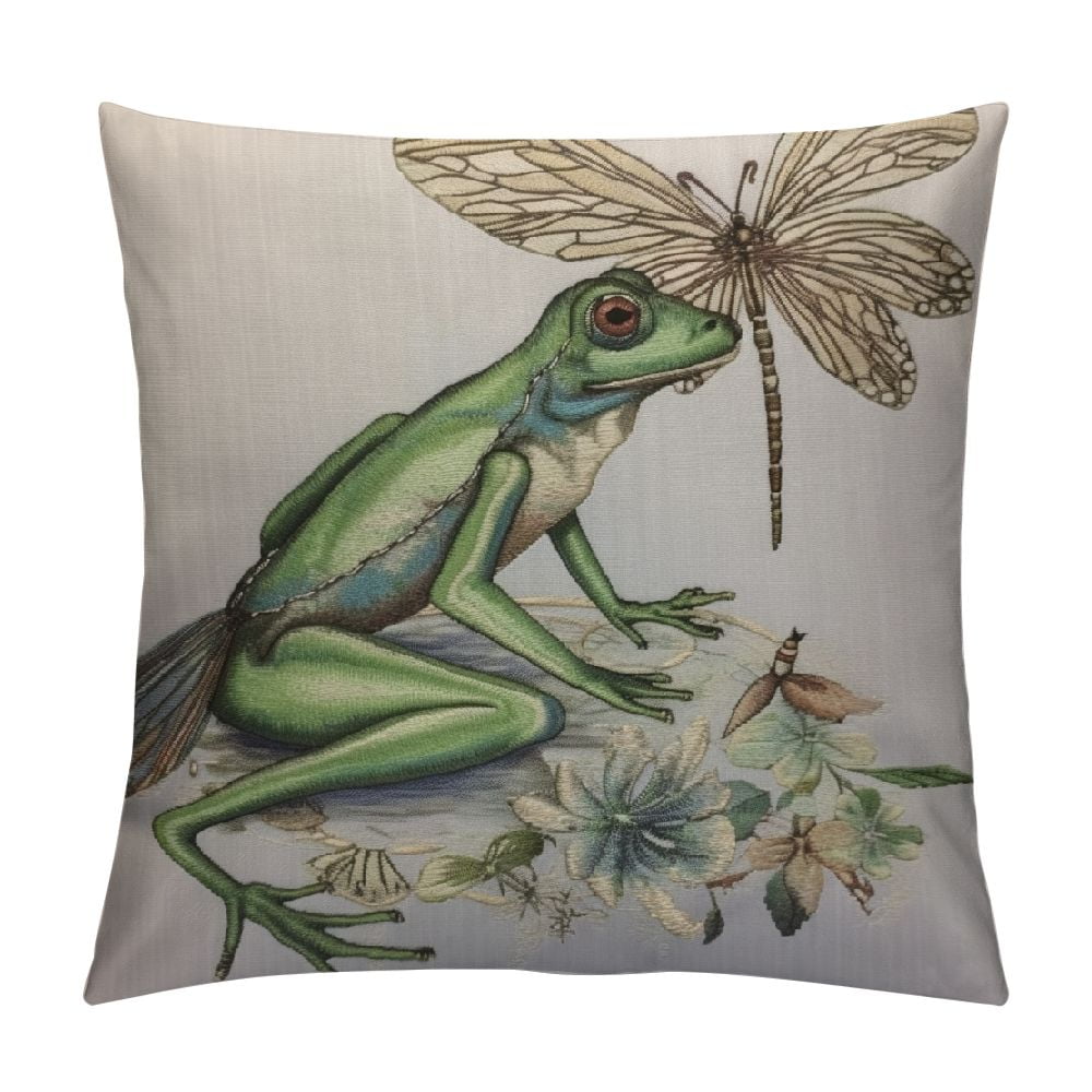HENGT Frog and Dragonfly Throw Pillow Cover Watercolor Amphibian
