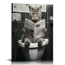 ARISTURING Funny Cat Canvas Wall Art Black and White Picture Prints Modern Bathroom Wall Decor Cat Sitting in Toilet Reading Newspaper Painting for Bathroom Toilet Washroom Animals Artwork 12x16 in