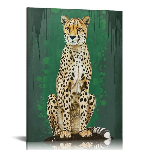 ARISTURING Funny Yellow Cheetah Green Background Canvas Painting Framed Wall Art Decor for Living Room Bedroom, Retro Cheetah Art Canvas Poster Wall Prints Decorative Gift