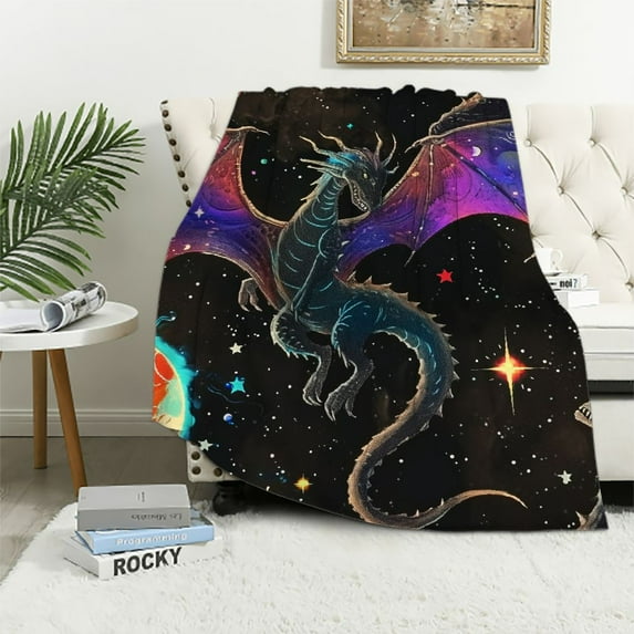 ARISTURING Galaxy Dragon Throw Blanket Outer Space Starry Sky Sherpa Blanket for Kids Boys Girls Jungle Animals Dragon Fuzzy Blanket for Sofa Bed Couch Colorful Decor