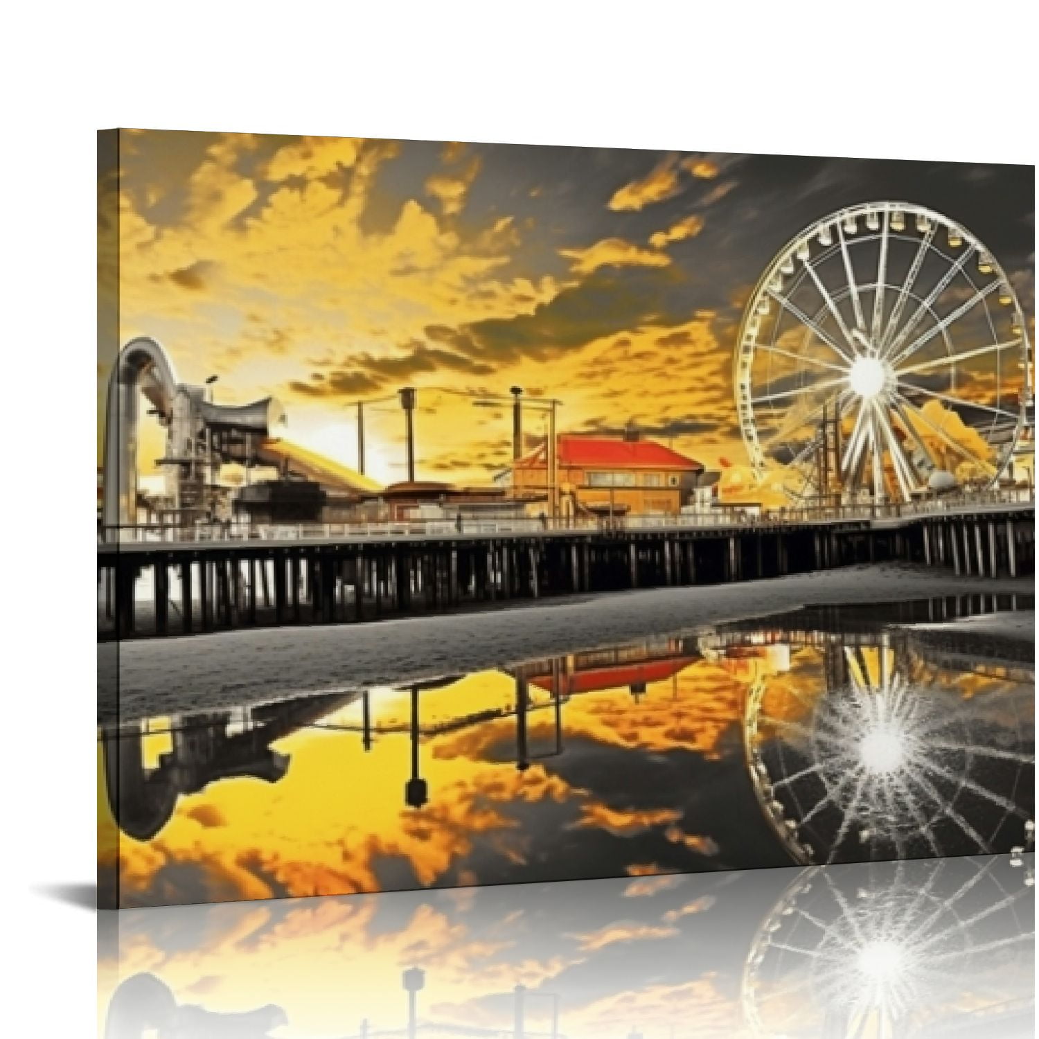 ARISTURING Gray Yellow Canvas Wall Art Santa Monica Pier Art Prints Los