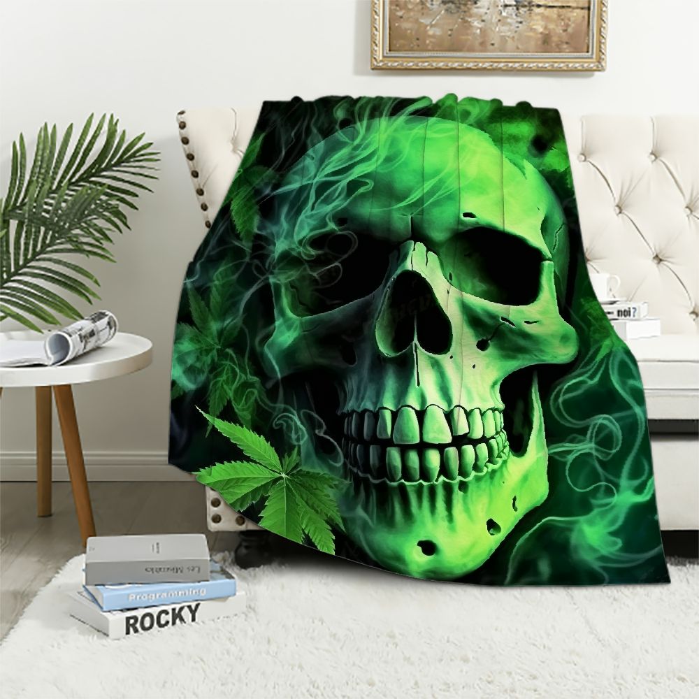 ARISTURING Green Skull Throw Blanket, Skeleton Cannabis Marijuana Leaf