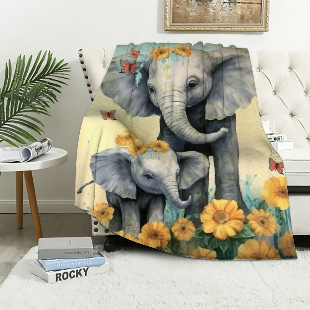ARISTURING Grey Eleplant Blanket for Kids Girls Boys,l Sunflowers