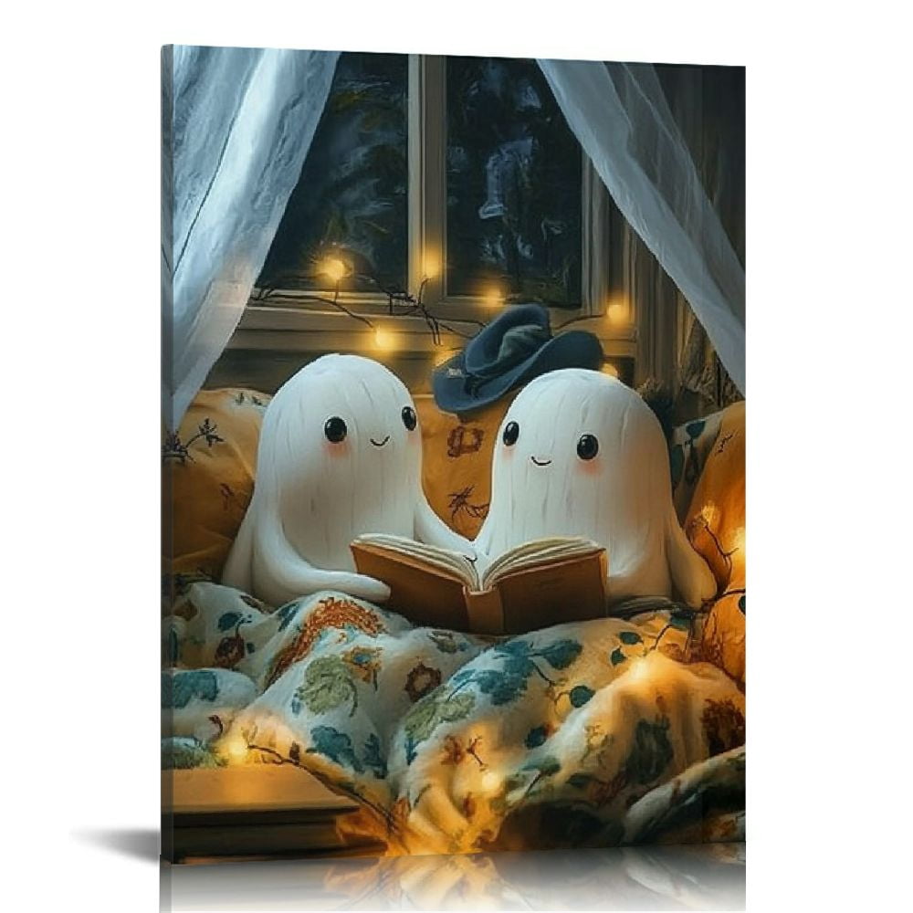 ARISTURING Halloween Ghost Canvas Wall Art, Funny Cute Ghosts Reading ...