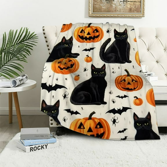 ARISTURING Halloween Throw Blanket: Black Cats and Jack O Lantern Pumpkin Print on Soft for Sofa Bed Couch Chair Dorm