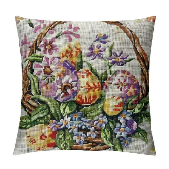 ARISTURING Happy Easter Watercolor Flower Jasmine Basket Wreath Branch Leaves Green Easter Eggs Blessing Easter Gift Square Throw Waist Pillow Case Decorative Cushion Cover Pillowcase Sofa