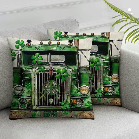 ARISTURING Happy St. Patrick's Day Luck of The Irish Retro Green Pickup Truck Clovers Decorative Lumbar Throw Pillow Cover Case Home Living Room Bed Sofa Car Set of 2