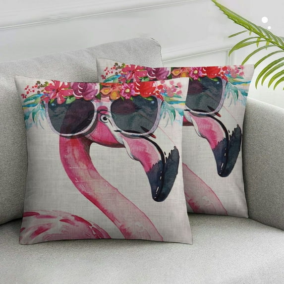 Jiayy Hello Summer Flamingo Decorative Throw Pillow Case Watercolor Flamingo in Sunglasses and Floral Wreath Decoration Cushion Cover Home Decor  for Sofa Couch