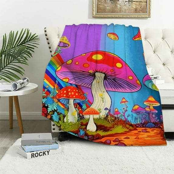 ARISTURING Hippie Mushroom Plush Blanket,Rainbow Colorful Stripes Geometric Bed Blanket Home Decor Gift,70s Groovy Flowers Floral Modern Style Fuzzy Blanket Office Chair