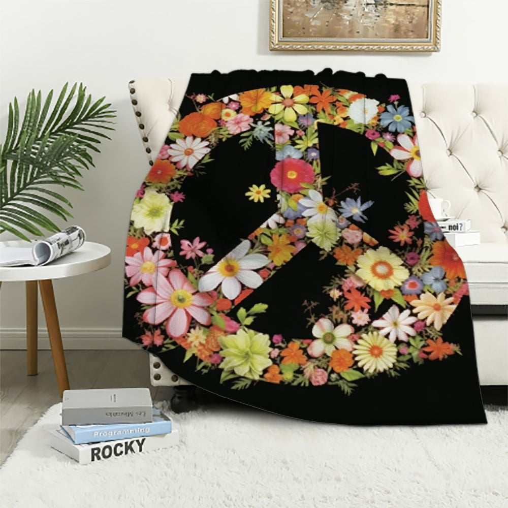 ARISTURING Hippies Peace Symbol with Flowers Throw Blanket Ultra Soft