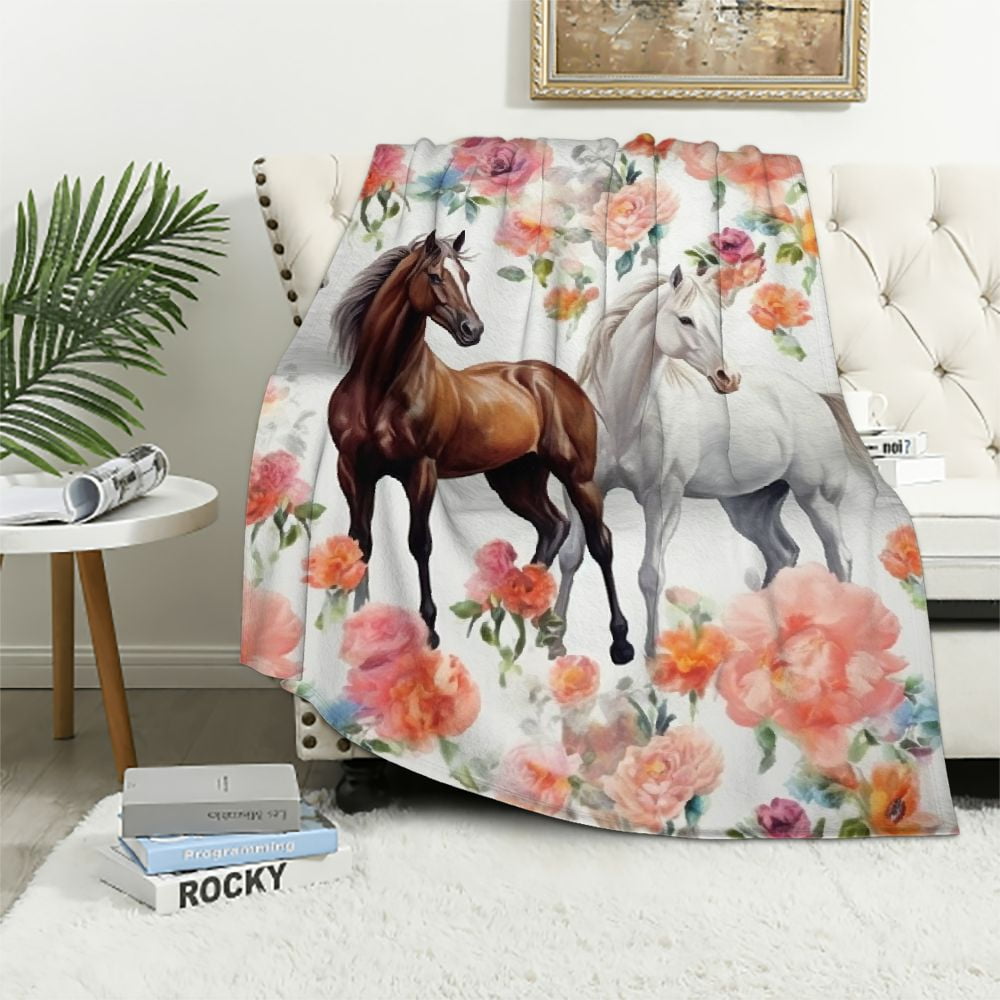 ARISTURING Horse Blanket Gift for Girls Women Cute Animal Horses Flowers Cozy Plush Flannel Throw Blankets Soft Lightweight Plush Blanket for Horse Lovers Decor Bed Sofa