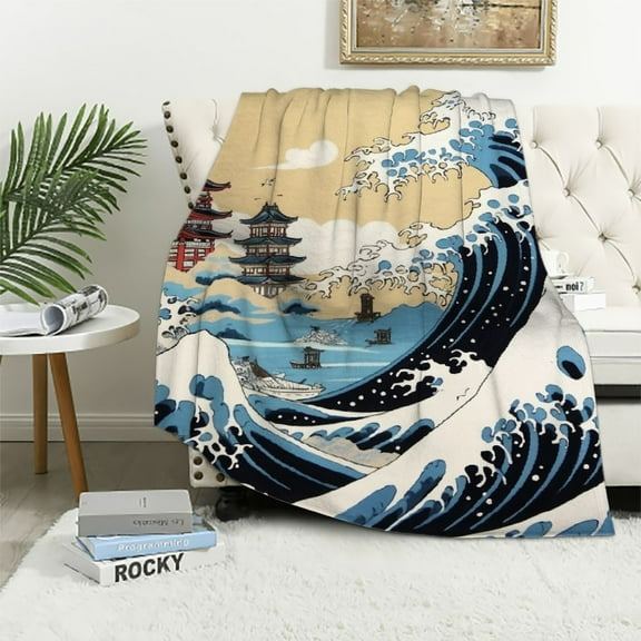 ARISTURING Japanese Ukiyoe Theme Throw Blanket Hokusai Pattern Plush Blanket for Bed Couch Kids Japanese-Style Carne Sherpa Blanket Breathable Warm Fuzzy Blanket Room Decor Throw