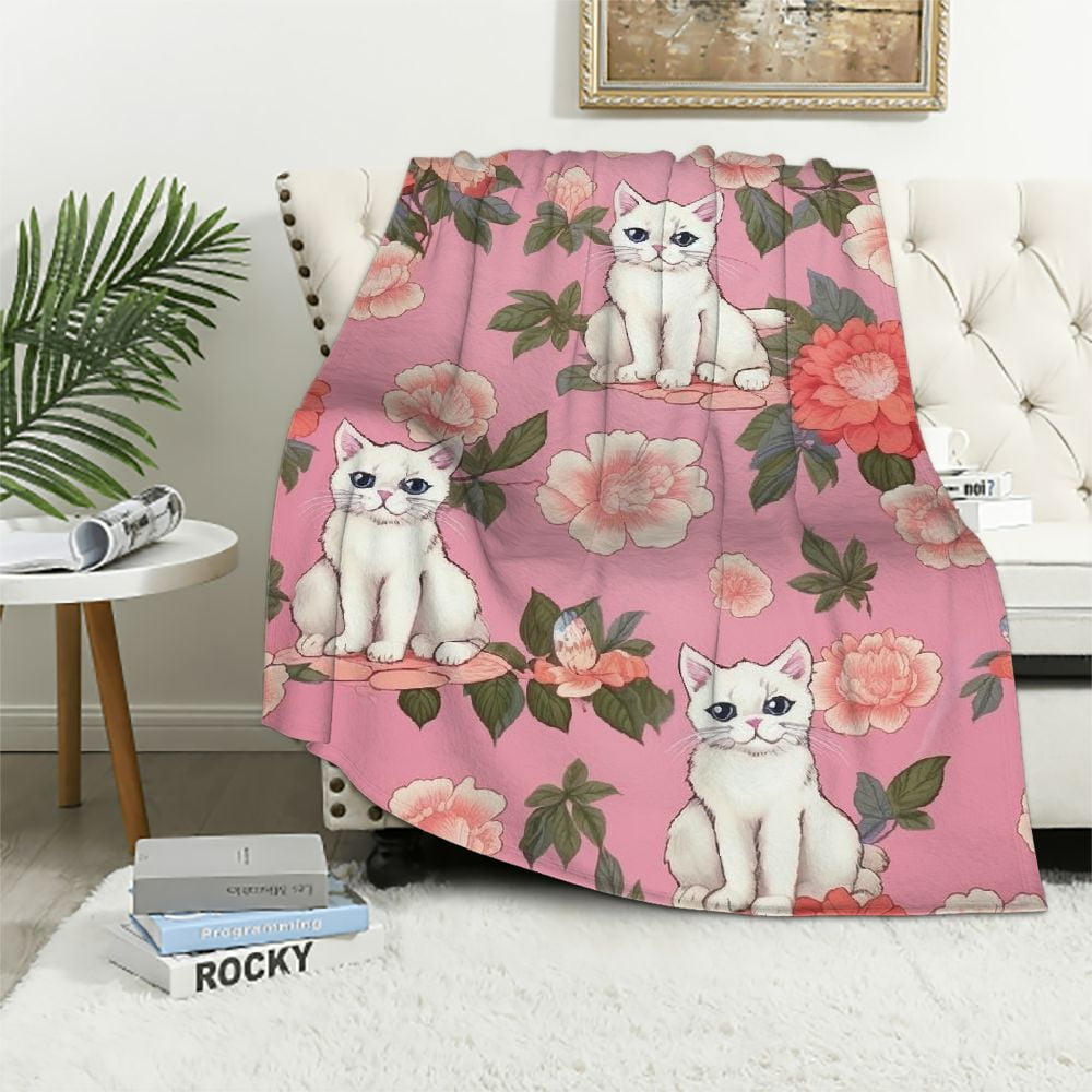 ARISTURING Kawaii Cat Blanket Sakura Cherry Blossoms Cute Anime