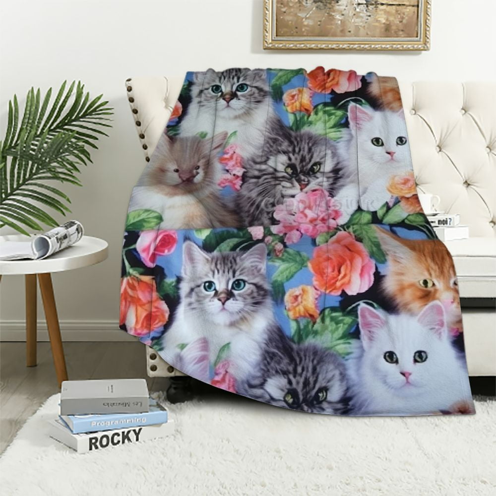 ARISTURING Kawaii Cat Kitten Blanket for Girls Cute Cat Throw Blankets, Soft Plush Flannel Throw