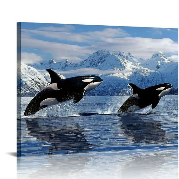 ARISTURING Killer Whale Poster Orca Poster Wall Art Decor Poster Canvas Painting Pictures Landscape Poster Iceberg Blue Ocean Theme Pair Leaping for Living Room Bedroom Office Gift