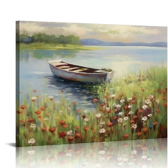 ARISTURING  Lake Boat Scenery Wall Art: Nature Landscape Canvas Picture Artwork Contemporary Bedroom Living Room Natural Scene Print Painting Decor Home Office Decoration