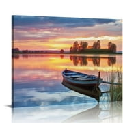 ARISTURING Lake Landscape Canvas Wall Art: Modern Relaxing Sunset Skyline Painting Simple Natural Boat Reed Print Wilderness Clear Calming Water Scenery Picture Green Forest View Gallery Artwork