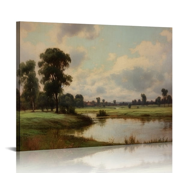 ARISTURING Landscape Canvas Wall Art Decor, Vintage Framed Wall Art for Living Room, Classical River Scenery Painting Prints, Countryside Scenic Wall Pictures for Bedroom, Bathroom, 20x16 inch