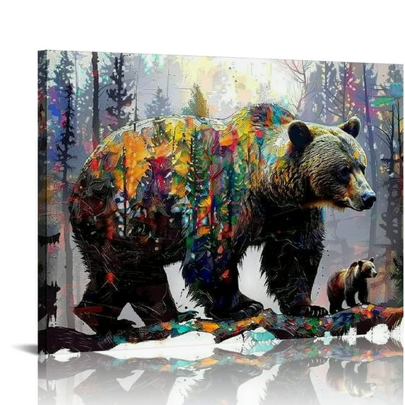 ARISTURING Large Forest Bear Canvas Wall Art Bears Play in Forest Abstract Animal Painting Artwork for Home Bedroom Living Room Stretched and Framed Ready to Hang 24x36inch (Grey)