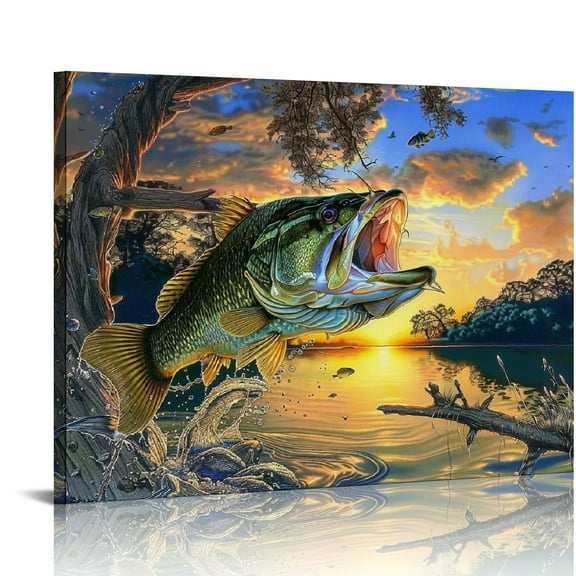 ARISTURING  Large Mouth Bass Fish Canvas Wall Decor, Painting for Living Room Bedroom Gallery Wrapped, Blue 20x16 Inch