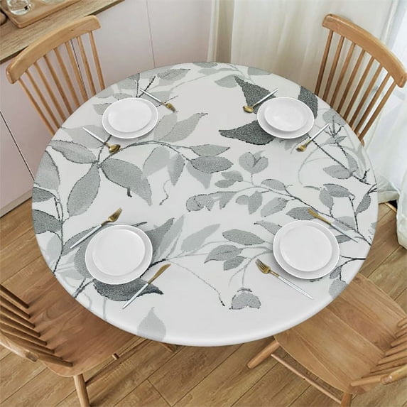 ARISTURING Leaf Tablecloth Round Rustic Spring Summer Watercolor Leaves Table Cloth Waterproof Fabric Farmhouse Decorations for Spring Home Kitchen Dining Party White