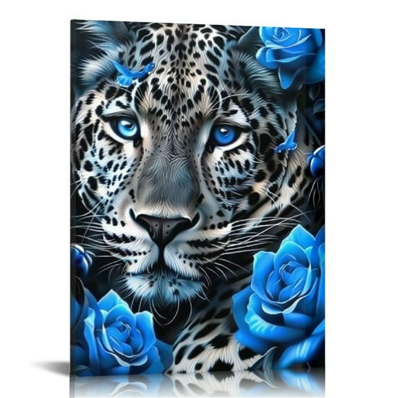 ARISTURING Leopard Canvas Wall Art Blue Eyes Leopard and Blue Roses Wall Decor Leopard Portrait Artwork Modern Animal Print Painting Framed for Living Room Home Bedroom Decoration