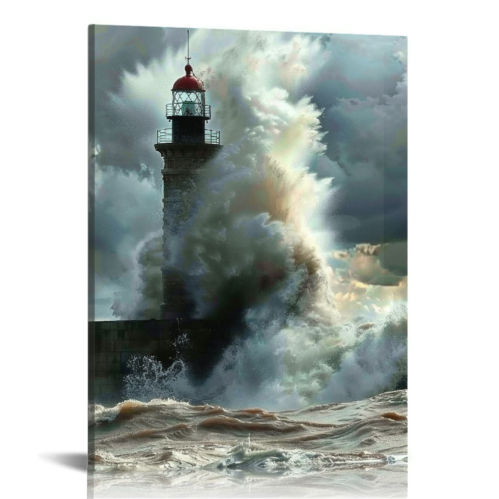 ARISTURING Lighthouse in The Waves of The Sea Wall Art Painting The ...