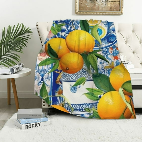 HENGT Mediterranean Lemon On Blue Ceramic Tiles Flannel Throw Blankets Lightweight Fluffy Winter Fall Blanket Cozy Soft Fuzzy Plush Home Decor for Couch Bed Sofa Bedroom Living Room Travel