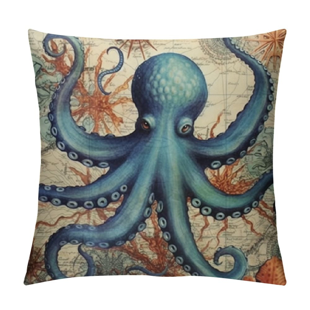 Mediterranean Nautical Outdoor Throw Pillow Covers 16x16 Inch Set Of 4 - Sea Turtle, Octopus, Whale, Seahorse - View #4