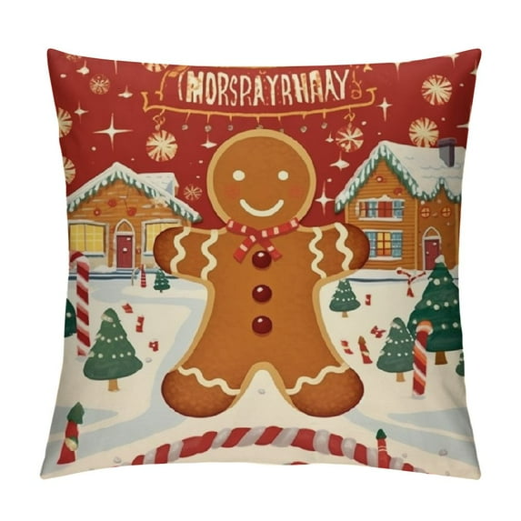 ARISTURING Merry Christmas Gingerbread Man House Decorative Throw Pillow Cover Xmas Red Polka Dot Coffee Welcome Home Decorations, Winter Happy Cushion Case Decor for Sofa Couch