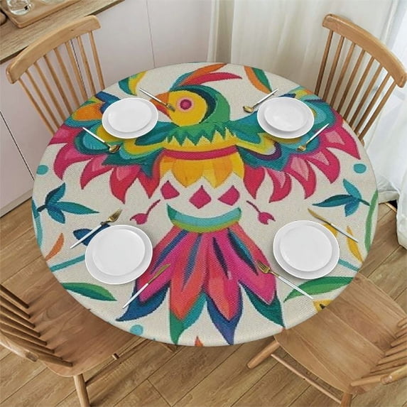 HENGT Mexican Otomi Birds Floral Round Tablecloth Circular Table Cloths Cover Washable Polyester Tabletop Runner for Kitchen Party Picnic Dining Decor White