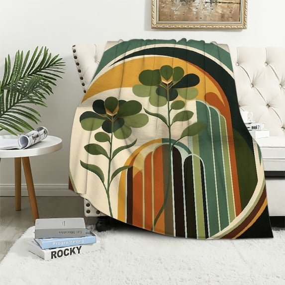 HENGT Mid Century Super Soft Cozy Flannel Blanket- Abstract Colorful Plants Retro Style Lightweight Comfy Throw Blanket for Bed/Couch/Sofa/Camping