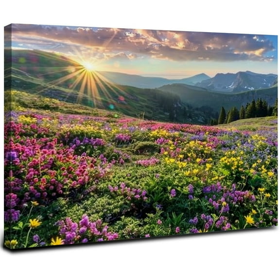 ARISTURING -Modern Landscape Art Print Posters, over Mountains Wall Art Pictures of Flowers on Canvas Print, Sunrise Canvas Art Ready to Hang Outdoor Wall Art for Bathroom Wall Decor 20x16inch