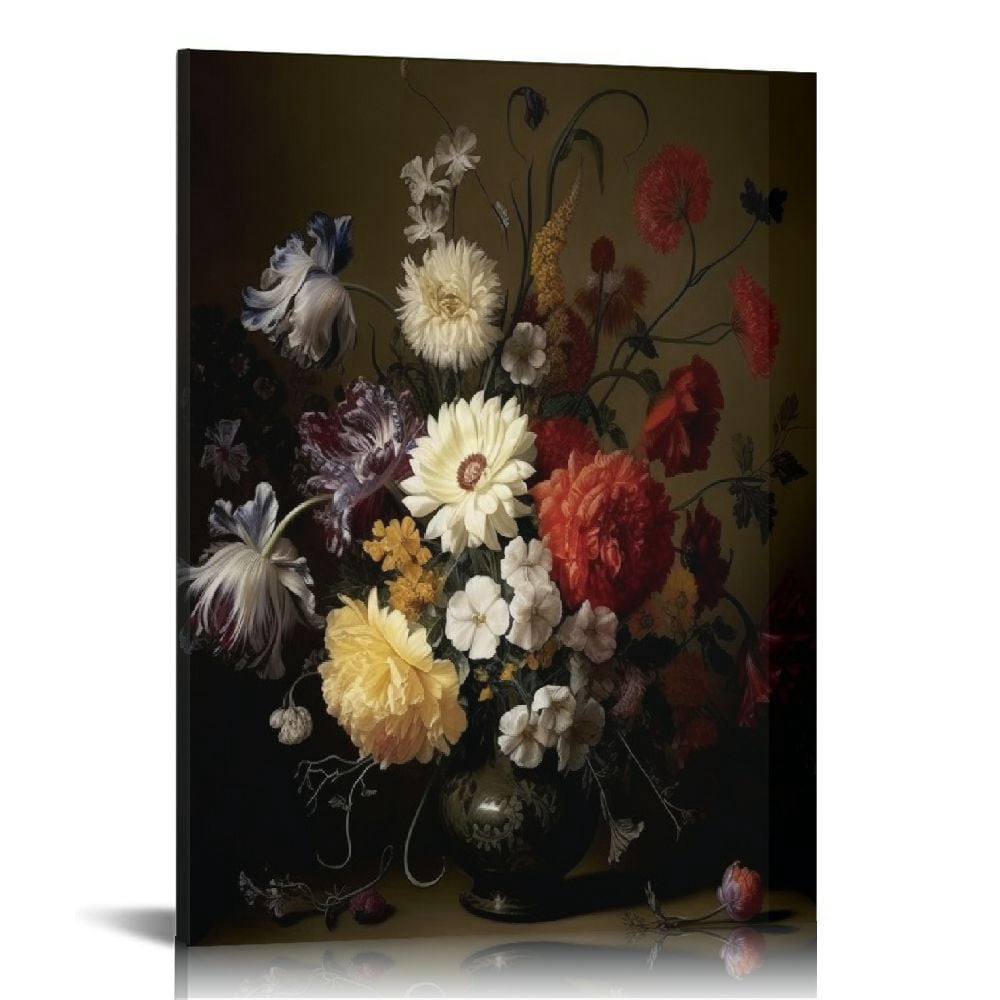 ARISTURING Moody Canvas Wall Art Dark Flower Painting Black Botanical ...