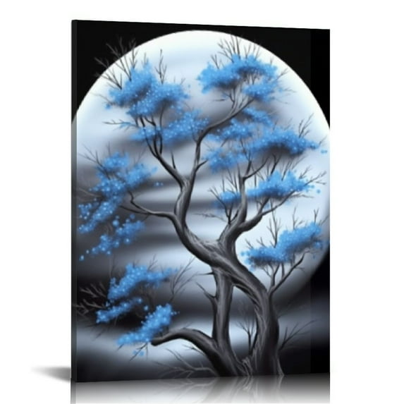 ARISTURING Moon Canvas Wall Art Modern Abstract Blue Tree with Full Moon Landscape Painting Prints for Bedroom Bathroom Decor Gallery Wrapped Artwork