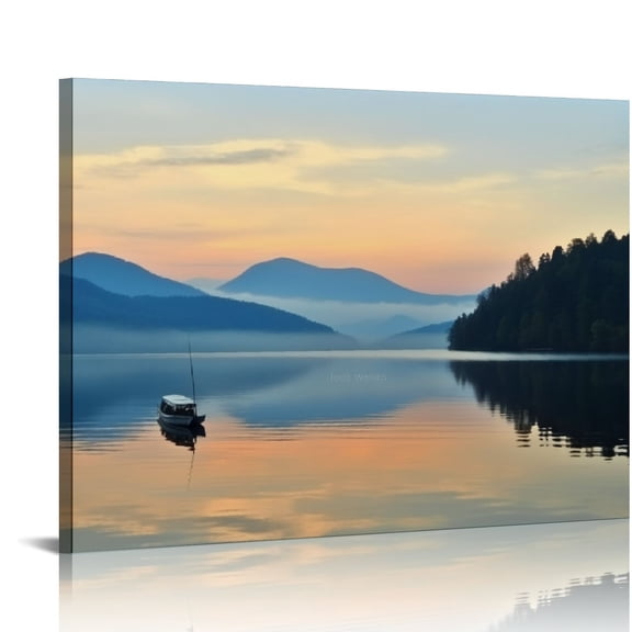 ARISTURING Mountain Scenery Wall Decor - Blue Sunset Canvas Prints, Lakeside Sunrise Picture Artwork for Bathroom and Home, Modern Landscape Painting Posters 20x16 inch