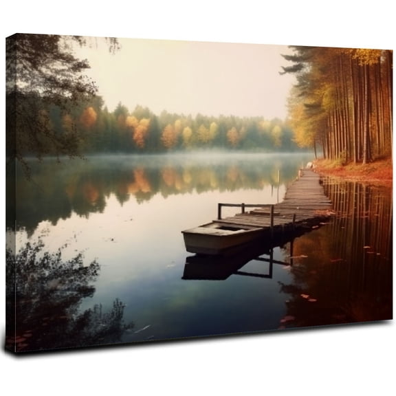 ARISTURING Nature Canvas Wall Art Decor: Lake Pier Landscape Picture Forest Tree Scenic Painting Panoramic Fall Scene Print Artwork for Bedroom Bathroom 20x16inch