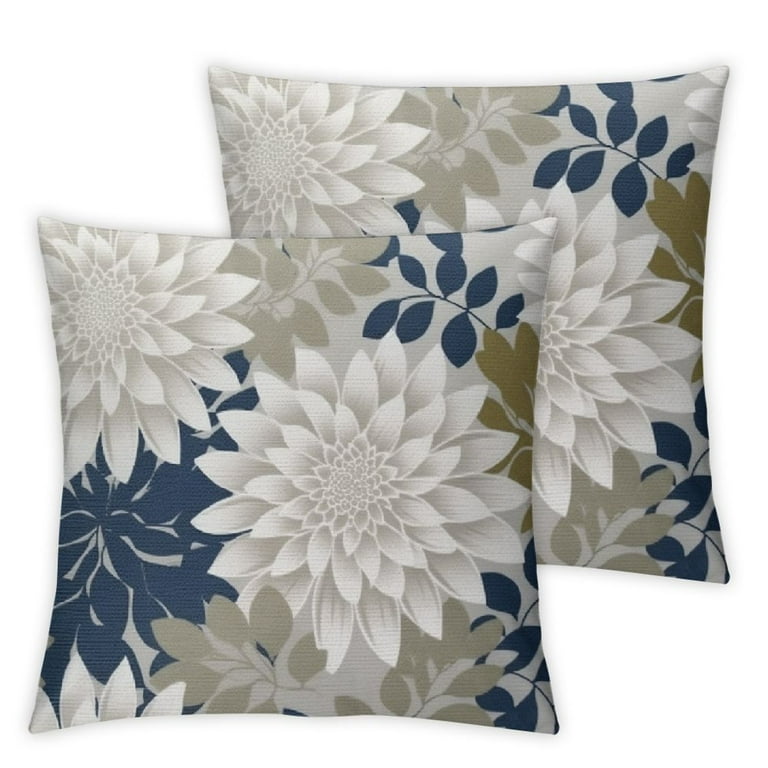 ARISTURING Navy Blue White Grey Pillow Covers 2pcs Set of 2 Dahlia Floral Decor Throw Pillows Summer Modern Geometry Flower Outdoor Decorative Cushion