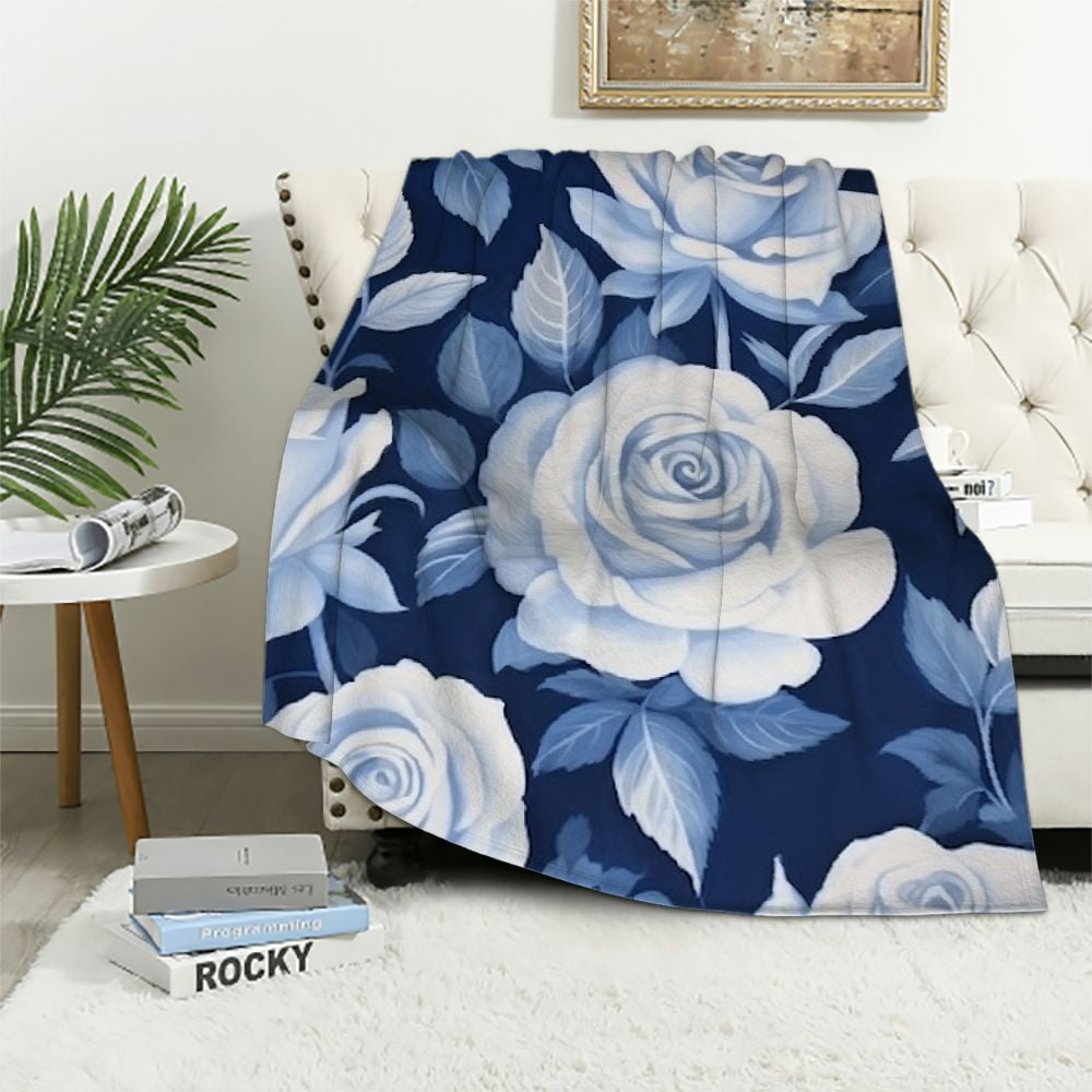 ARISTURING Navy Watercolor Flowers Boho Roses Blanket Navy Blue Throw