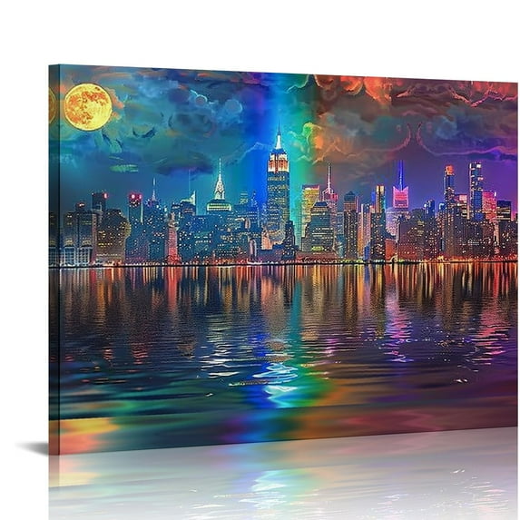 ARISTURING New York City Canvas Wall Art Manhattan Skyline Night Landscape Picture Wall Decor Purple Blue Black Painting Gradient Modern City Prints Framed Home Artwork for Living Room 20x16in